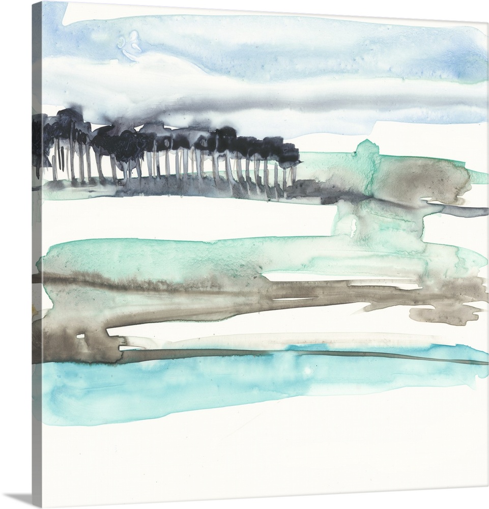 Abstract landscape watercolor painting in shades of blue, brown, and green with black trees in the distance on a square ba...