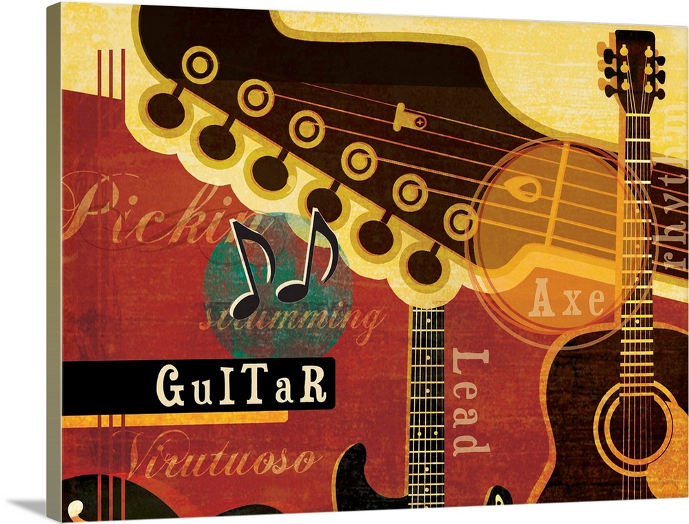 Creative artwork with a musical guitar theme with guitar details and musical terms.
