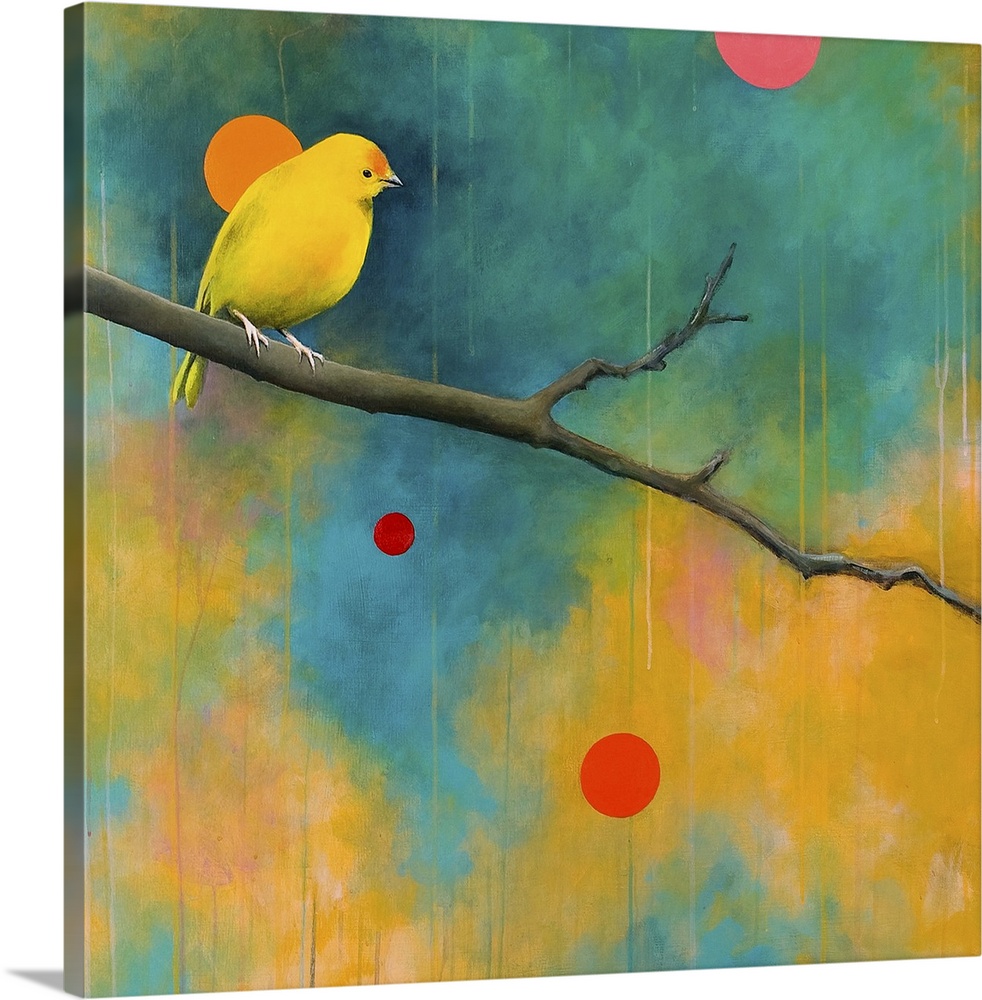 Vibrant painting of a bird perched on a branch, against a colorful and spotted background.