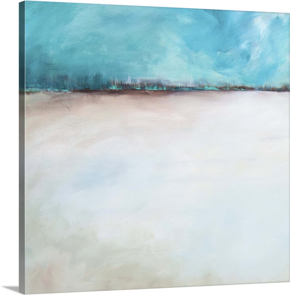 Abstract contemporary artwork resembling a sandy landscape under a blue sky.