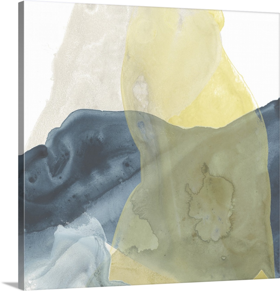 Yellow, blue and beige pools of color overlap each other against a white background in this abstract artwork.