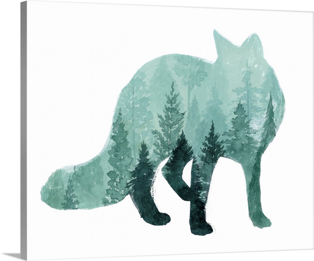 Silhouette of a fox with an image of a misty forest inside on white.