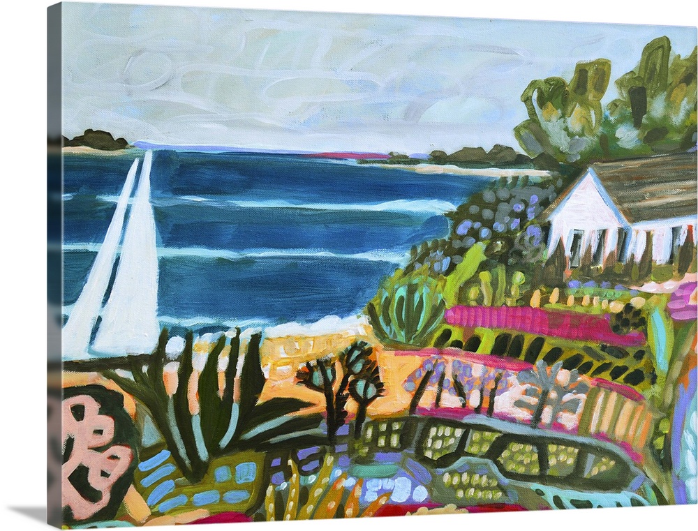 Colorful artwork of a house on the beach with a sailboat on the water.