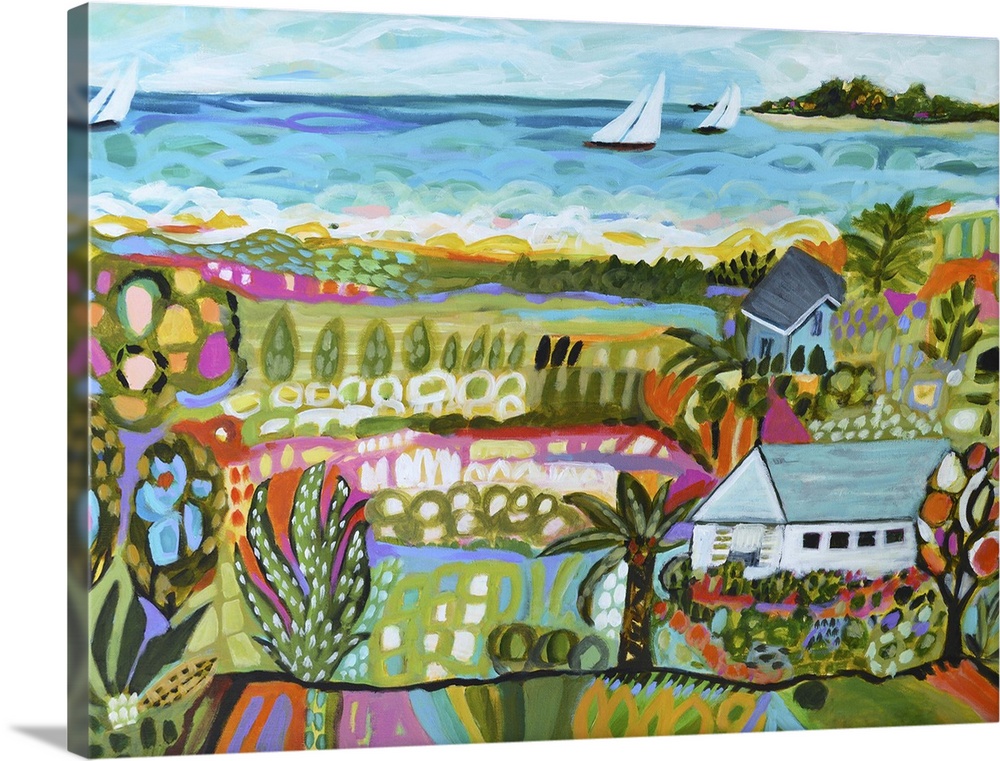 Bohemian style illustration of a coastal landscape with flowering fields and sailboats on the water.