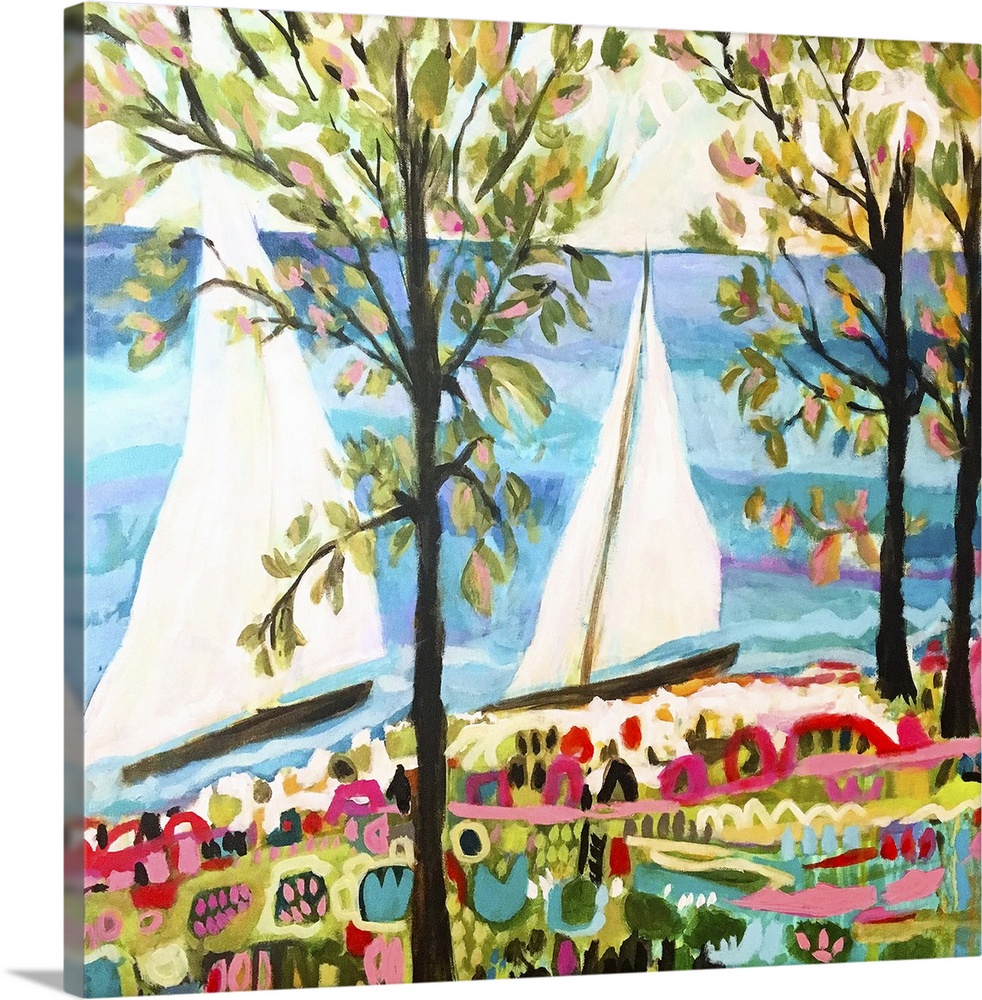 Contemporary artwork of two sailboats on the ocean, seen through the trees.