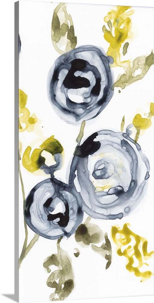 Watercolor painting of round flowers with yellow leaves.