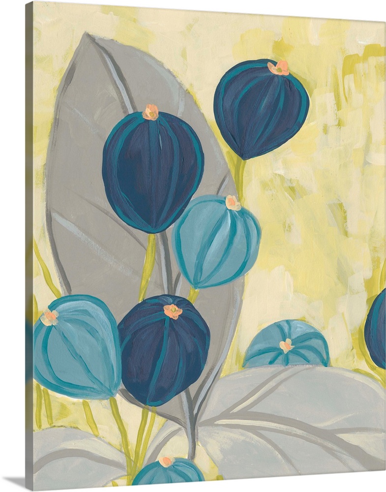Contemporary floral painting in navy and gray on a citron yellow background.