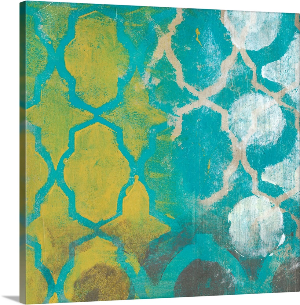 Contemporary abstract painting of two overlapping decorative filigree frameworks.