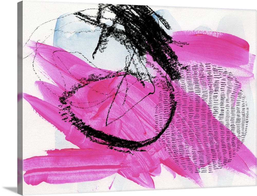 Abstract artwork featuring energetic pink and light blue brush strokes under black gestural chalk lines against a light ba...