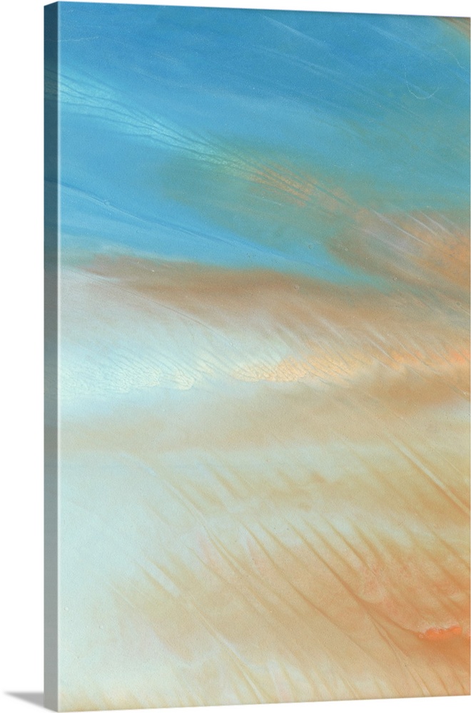 Modern abstract artwork in blue and orange resembling a hazy morning sky.