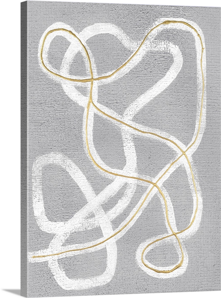 A high impact contemporary painting featuring an organic white swirl on a grey background, accented with gold.