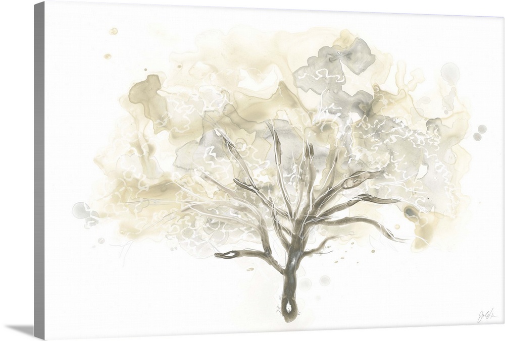 Watercolor painting of a tree in watered down brown shades with blurred spots.
