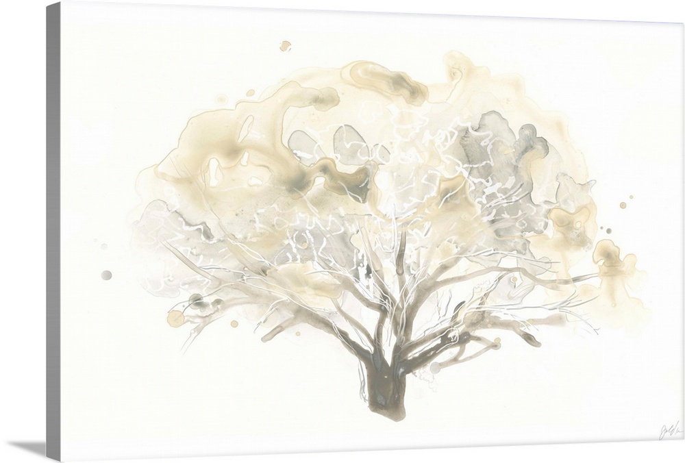 Watercolor painting of a tree in watered down brown shades with blurred spots.