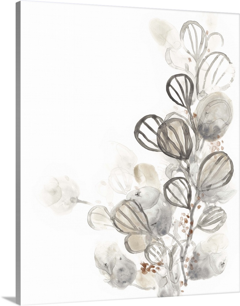 Watercolor painting of leaves in muted neutral colors on white.