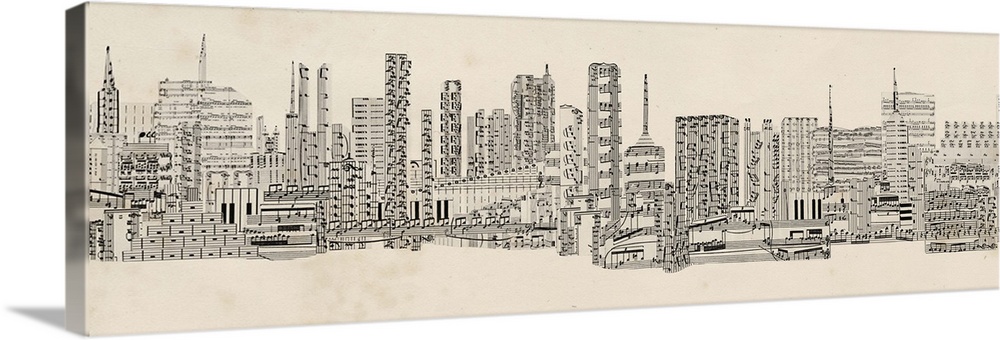 Horizontal artwork of a skyline made of sheet music.