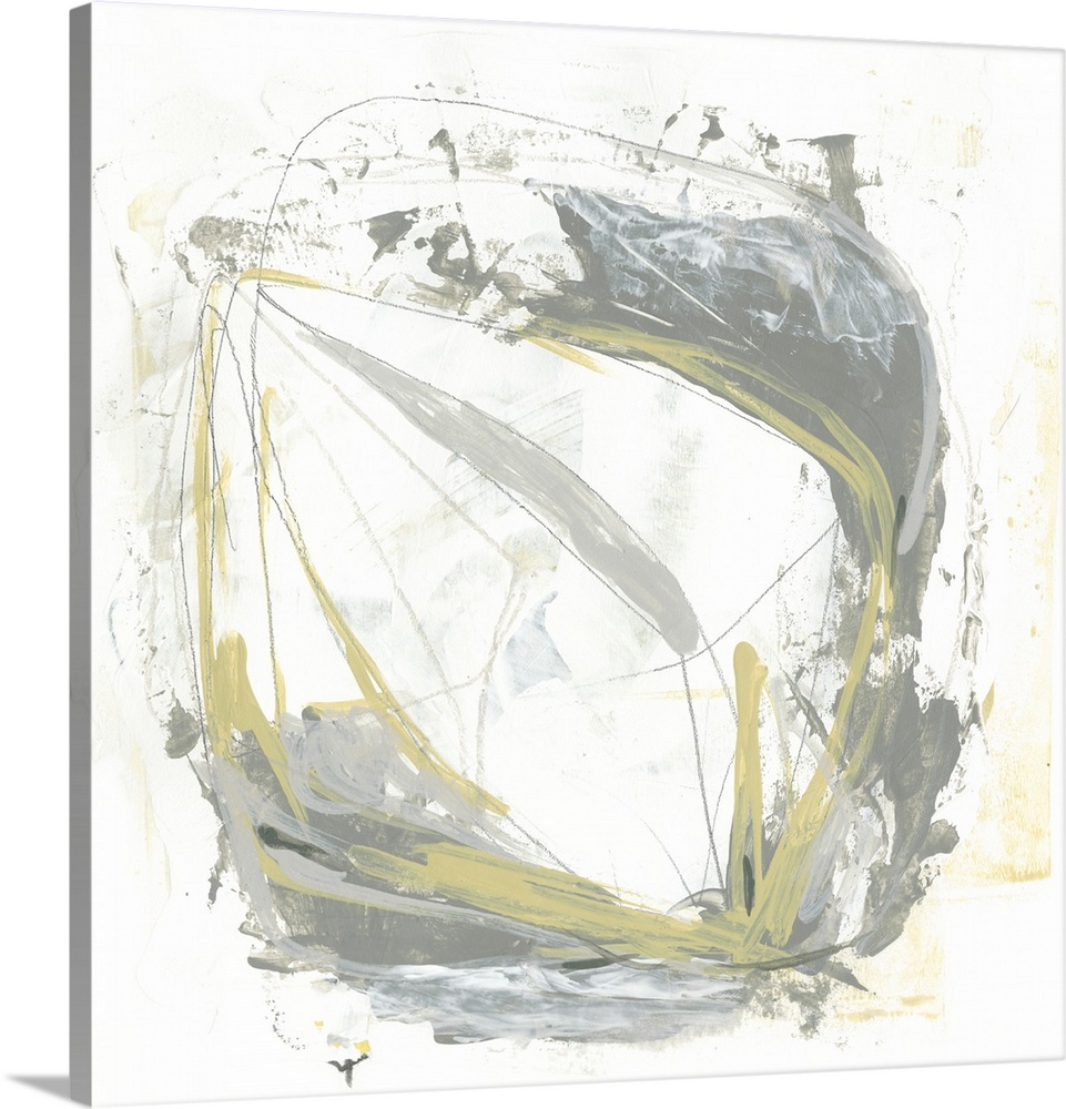This decorative artwork features a sketched diamond-like shape overlaid with gestural brush strokes in gray and yellow ove...