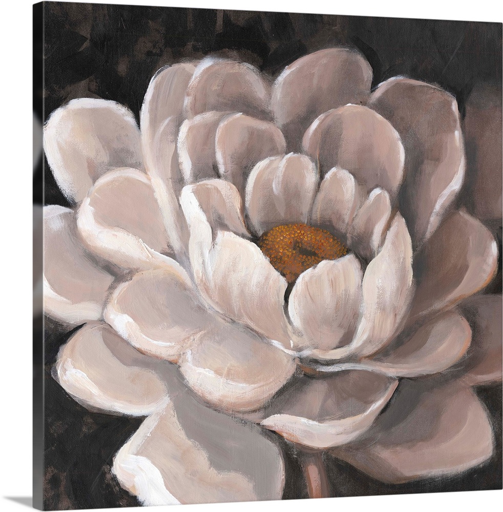 Contemporary close-up painting of a white flower against a dark background.