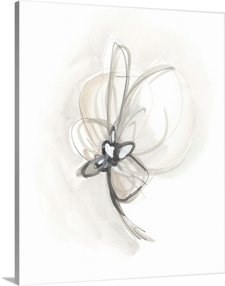 Circular brush strokes construct a gestural flower in neutral tones in this contemporary artwork.