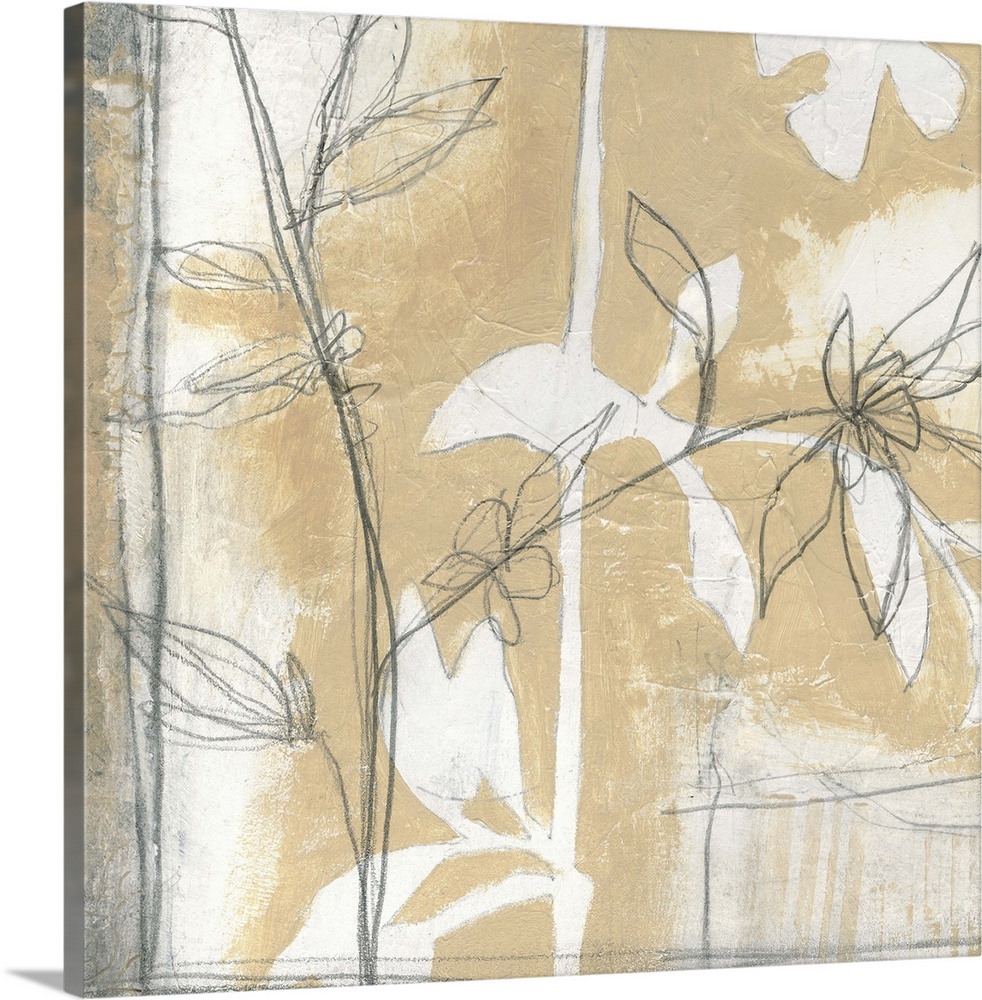 Contemporary artwork using neutral tones and floral elements in a pencil drawn style.