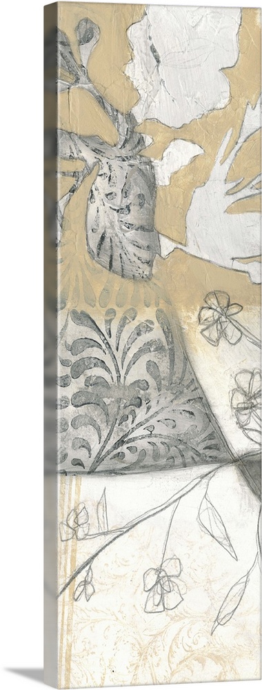 Contemporary painting using pencil sketched elements and floral decorations.