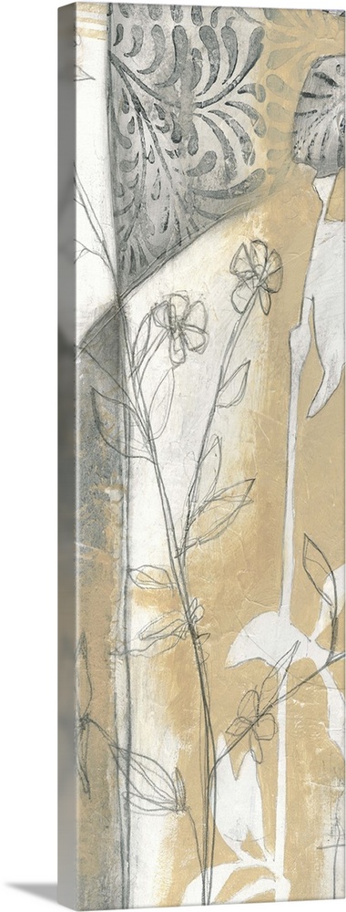 Contemporary painting using pencil sketched elements and floral decorations.