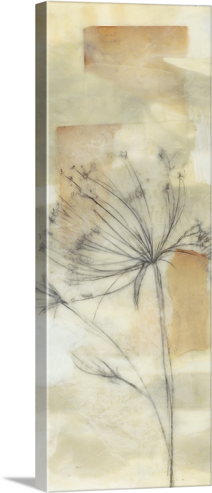 Vertical artwork of a soft dandelion flower on neutral earth tones.