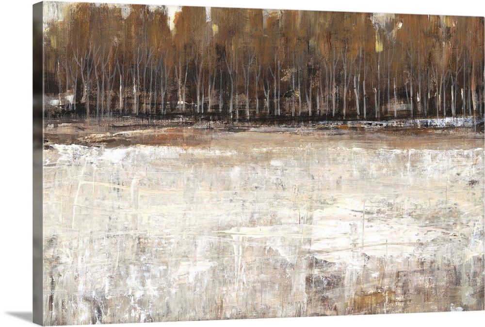 Abstract landscape artwork of a forest at the edge of a lake in earth tones.