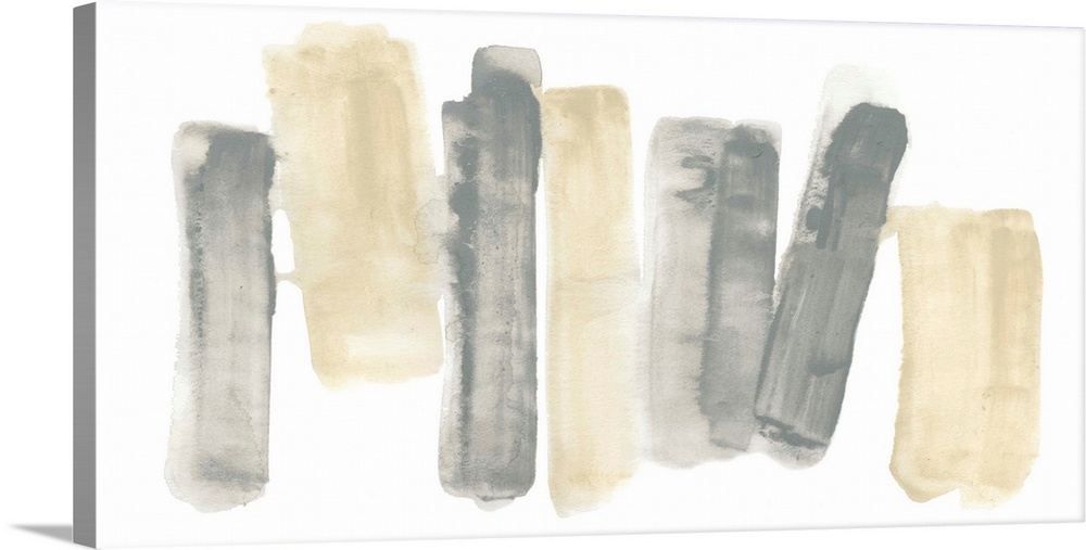 Abstract painting of vertical shapes in grey and beige stacked in a row.