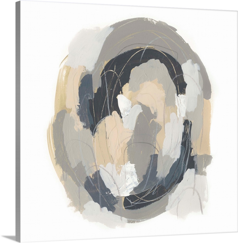 Square abstract painting in neutral tones of gray, beige and white with overlaying fine gray lines in circular shapes.