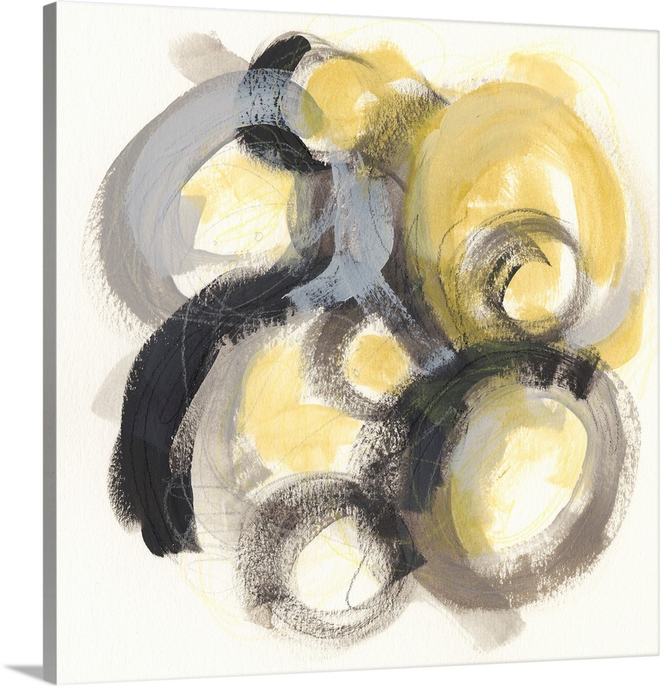 Contemporary abstract painting of circles made from broad strokes with a golden center against a white background.
