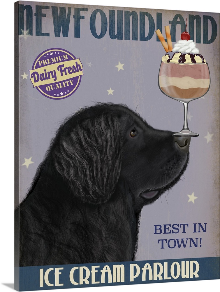 Decorative artwork of a Newfoundland balancing an ice cream sundae on its nose in an advertisement for an ice cream parlour.