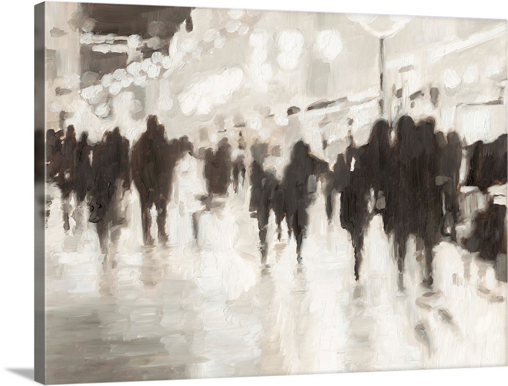 Abstracted city scene of figures walking about at night.