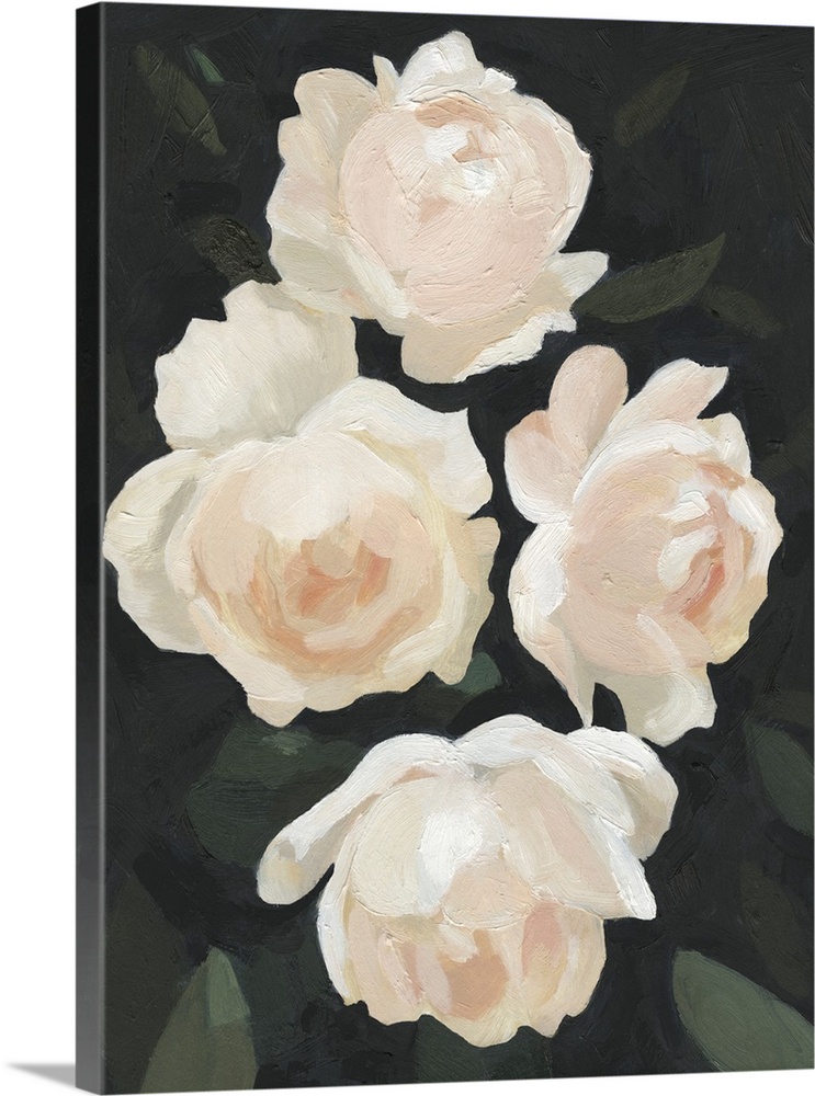Vertical painting of blush and white blooming flowers against dark green leaves.