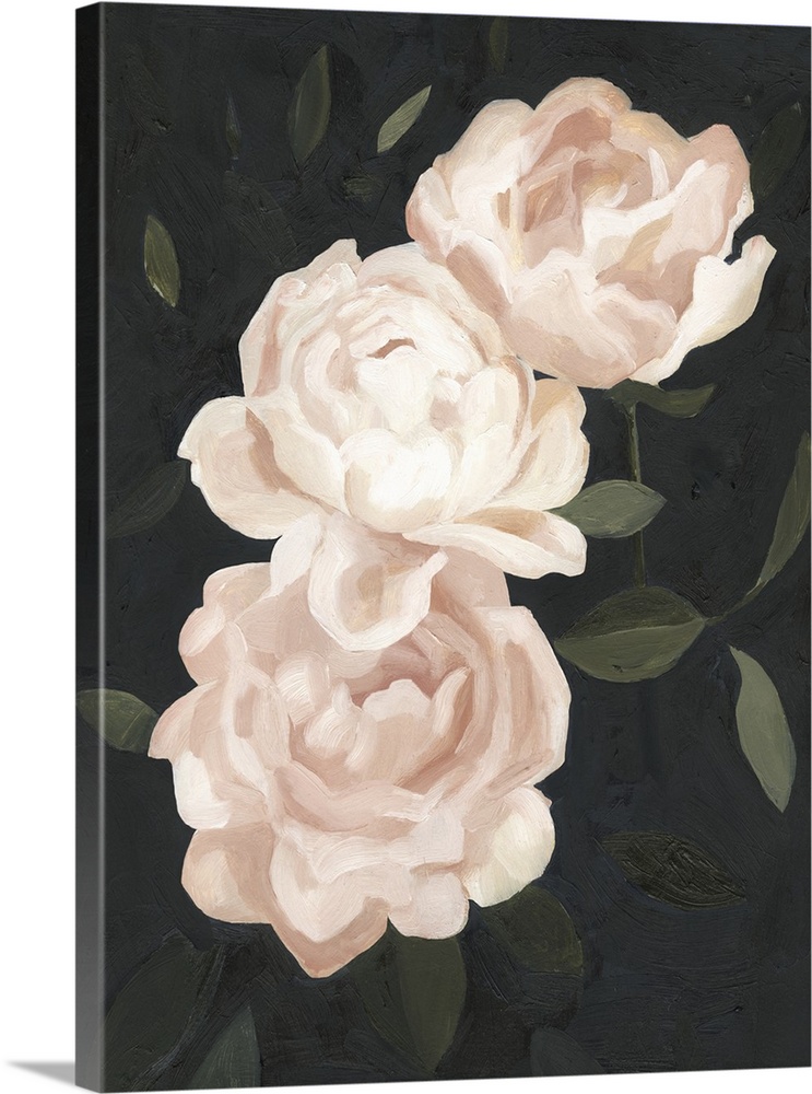 Vertical painting of blush and white blooming flowers against dark green leaves.