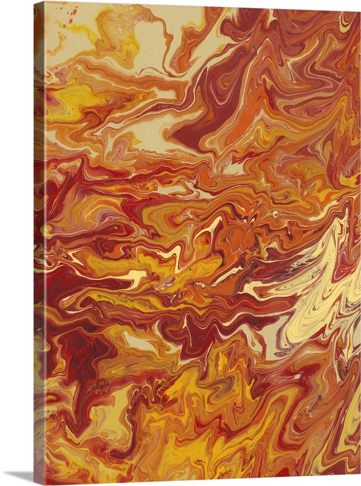 Abstract artwork of yellow, orange and red shades in a liquid marble effect.