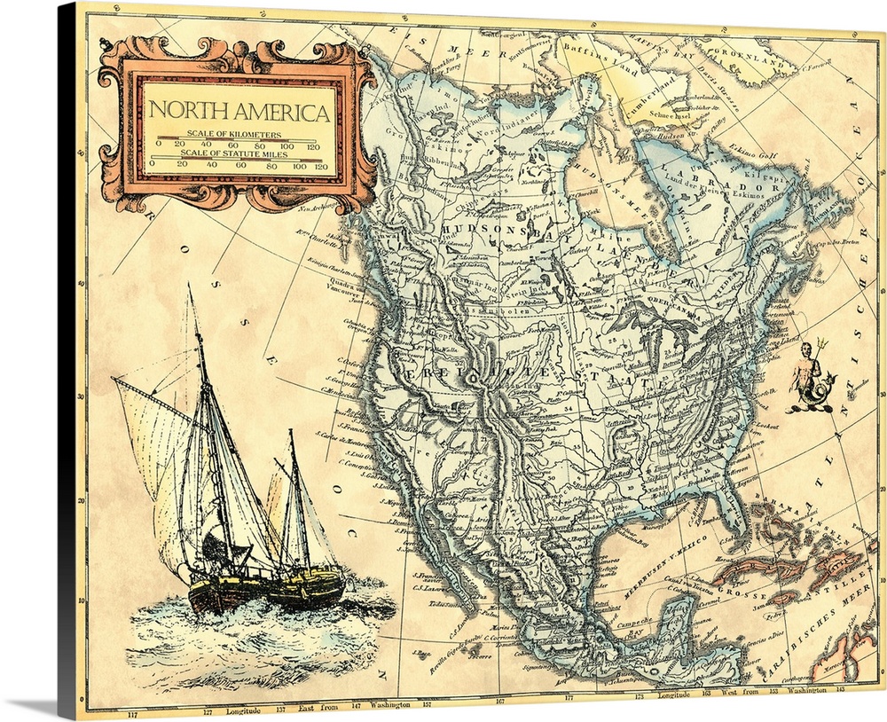 Big landscape artwork of a vintage map of North America with an illustration of a large ship in the lower corner.