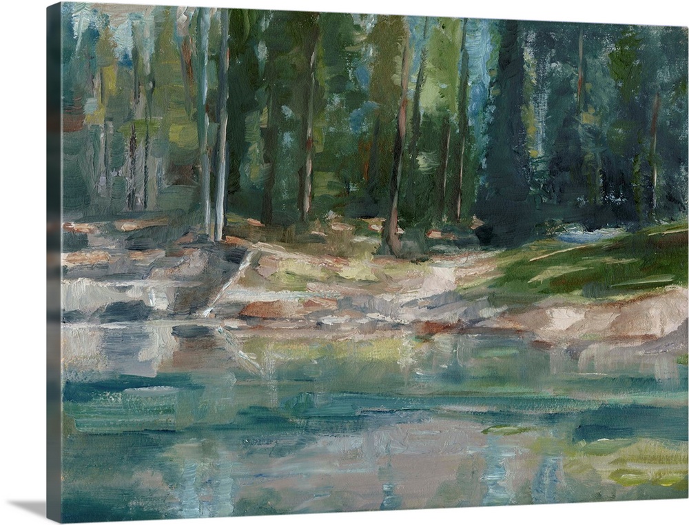 Contemporary abstract painting of a lake or pond in a clearing in a wooded area.