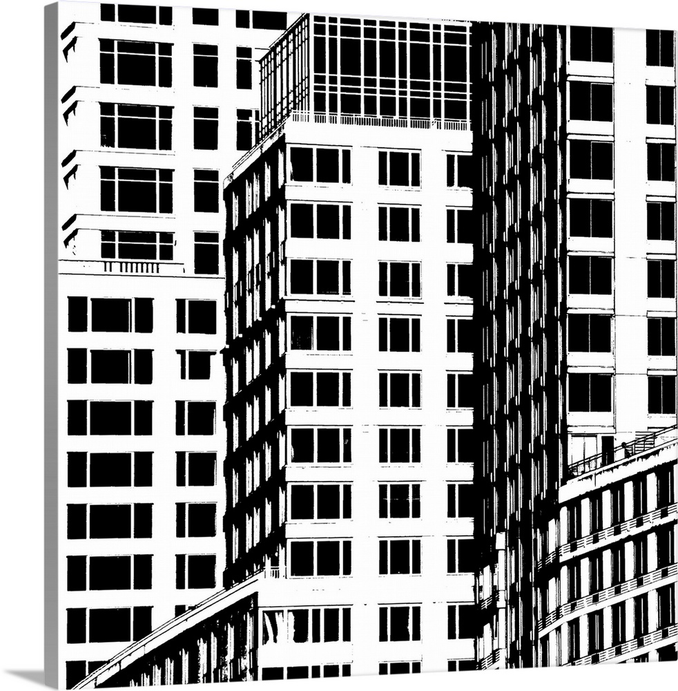 Bold lines and geometric shapes reveal the details of everyday buildings in this cityscape.