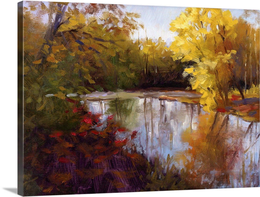 Contemporary painting of a river through a fall forest landscape.