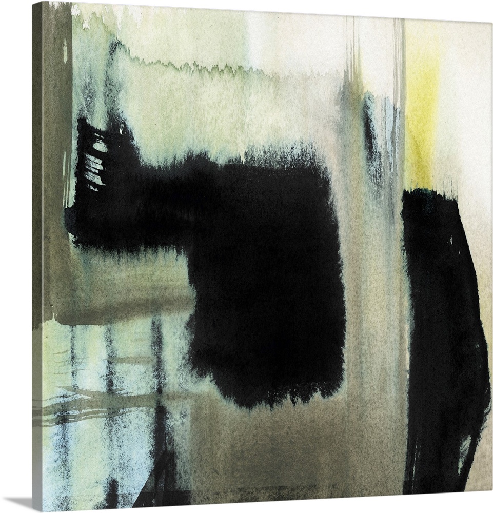 Abstract contemporary artwork in contrasting shades of black and pale blue and yellow.