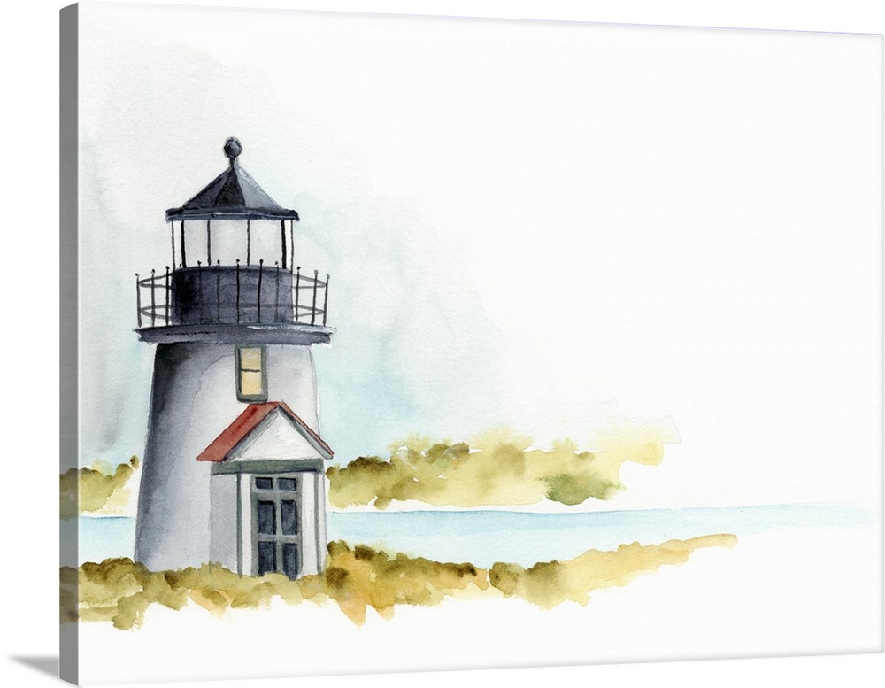 Landscape painting of a small lighthouse along a coast which fades into white, done in watercolor.