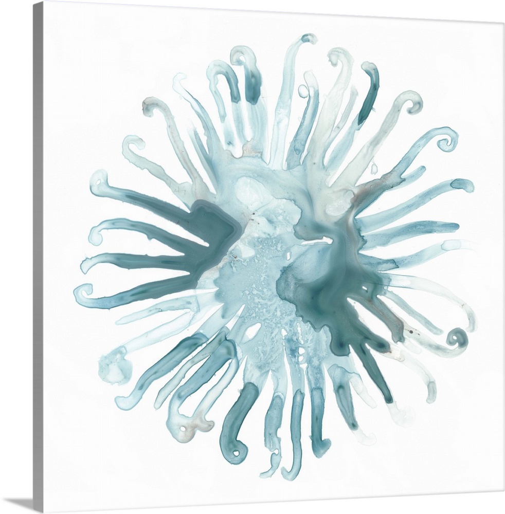 Decorative watercolor painting of sea urchin in shades of blue on a white backdrop.