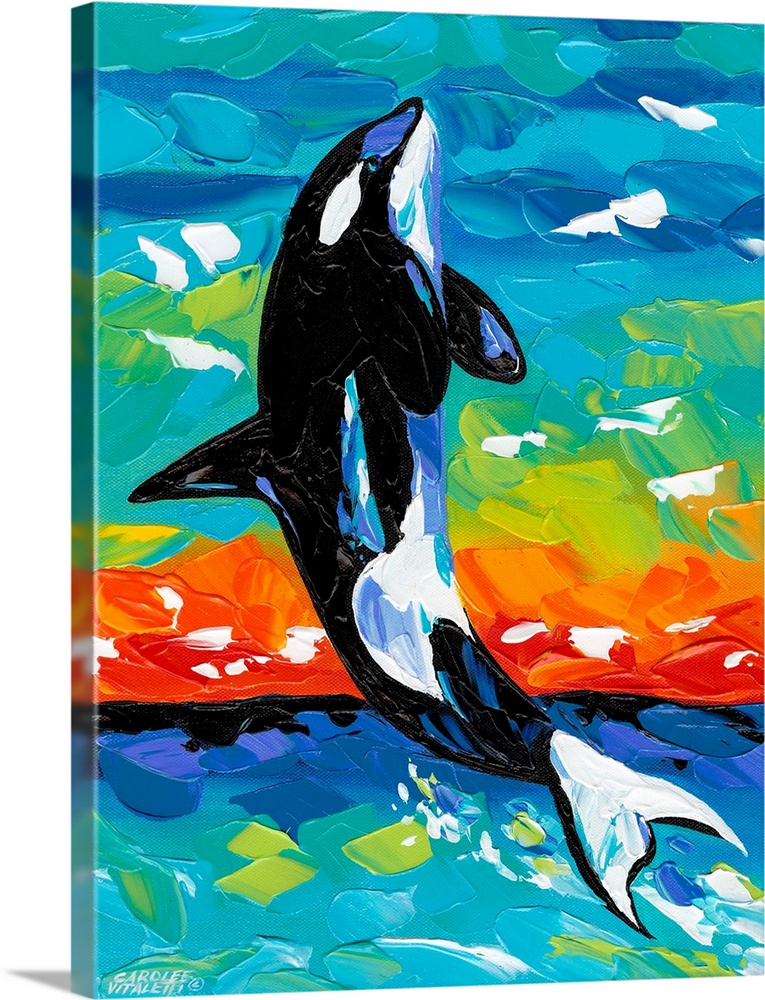 Contemporary painting using vivid colors of a killer whale leaping from the water.
