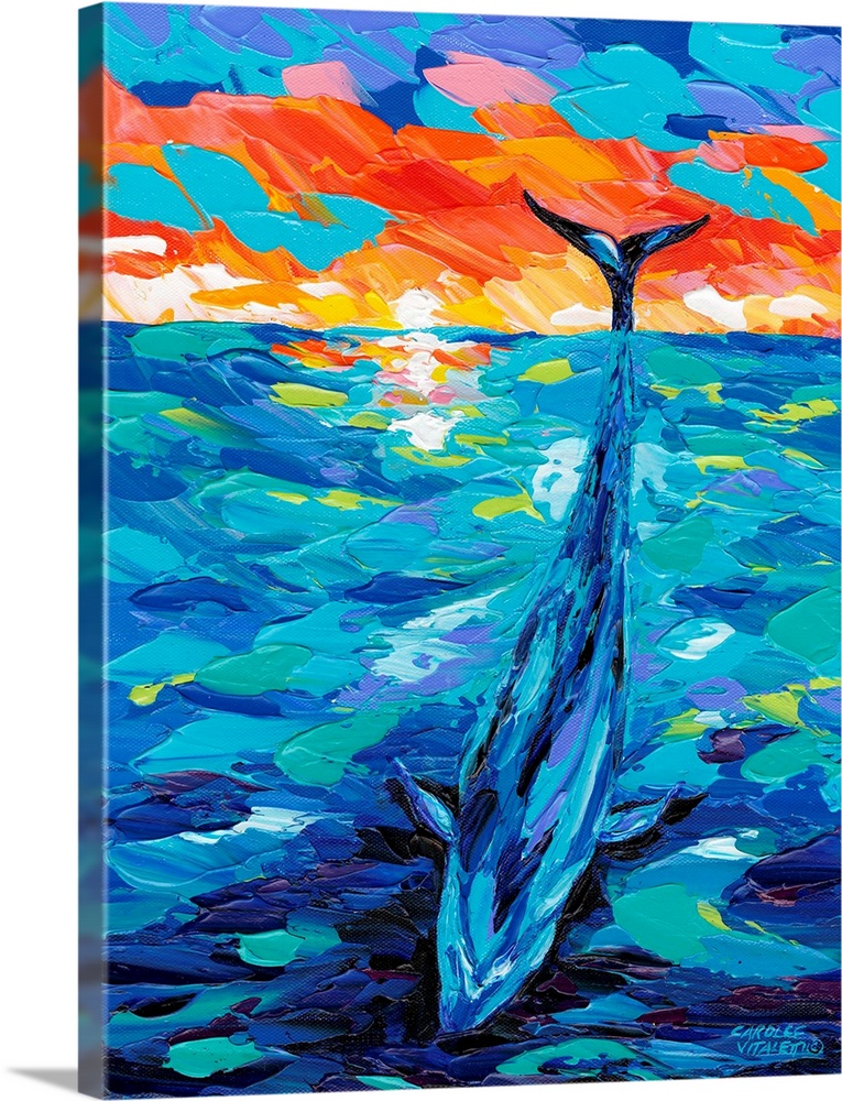 Contemporary painting using vivid colors of a whale breaching the surface of the water.
