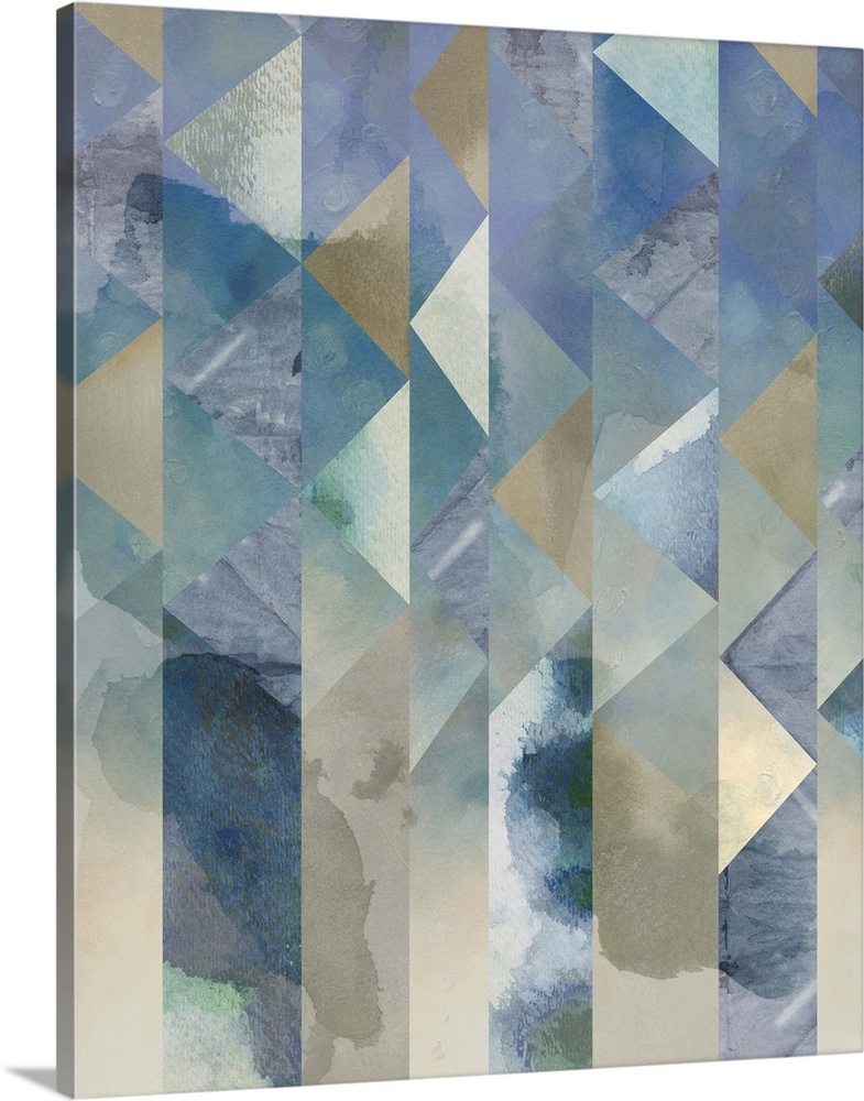 Contemporary abstract art of angular geometric shapes in pale colors and metallic colors cascading down the image.
