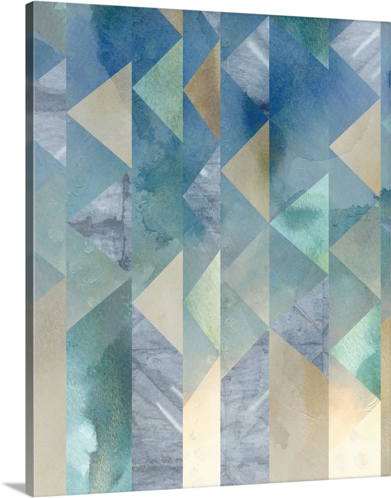 Contemporary abstract art of angular geometric shapes in pale colors and metallic colors cascading down the image.