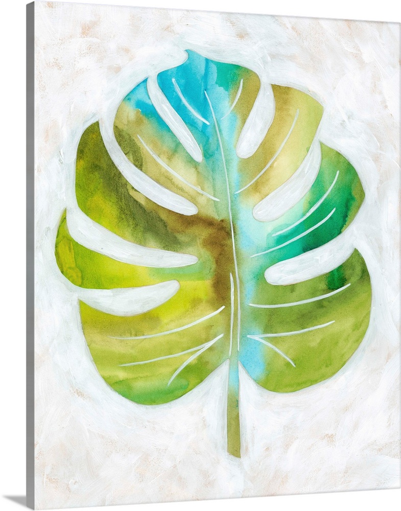 Contemporary painting of a tropical palm frond against a neutral distressed background.