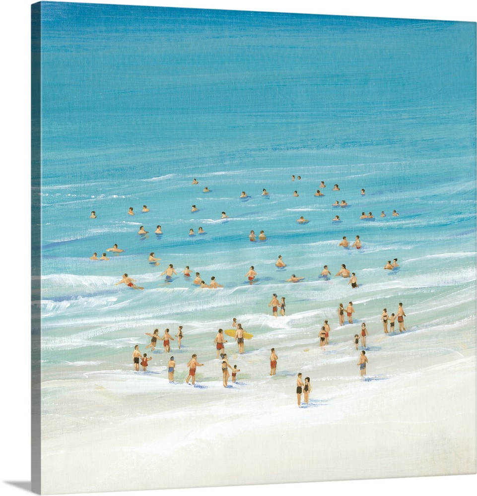 Painting of an aerial view of several beachgoers playing in the ocean.