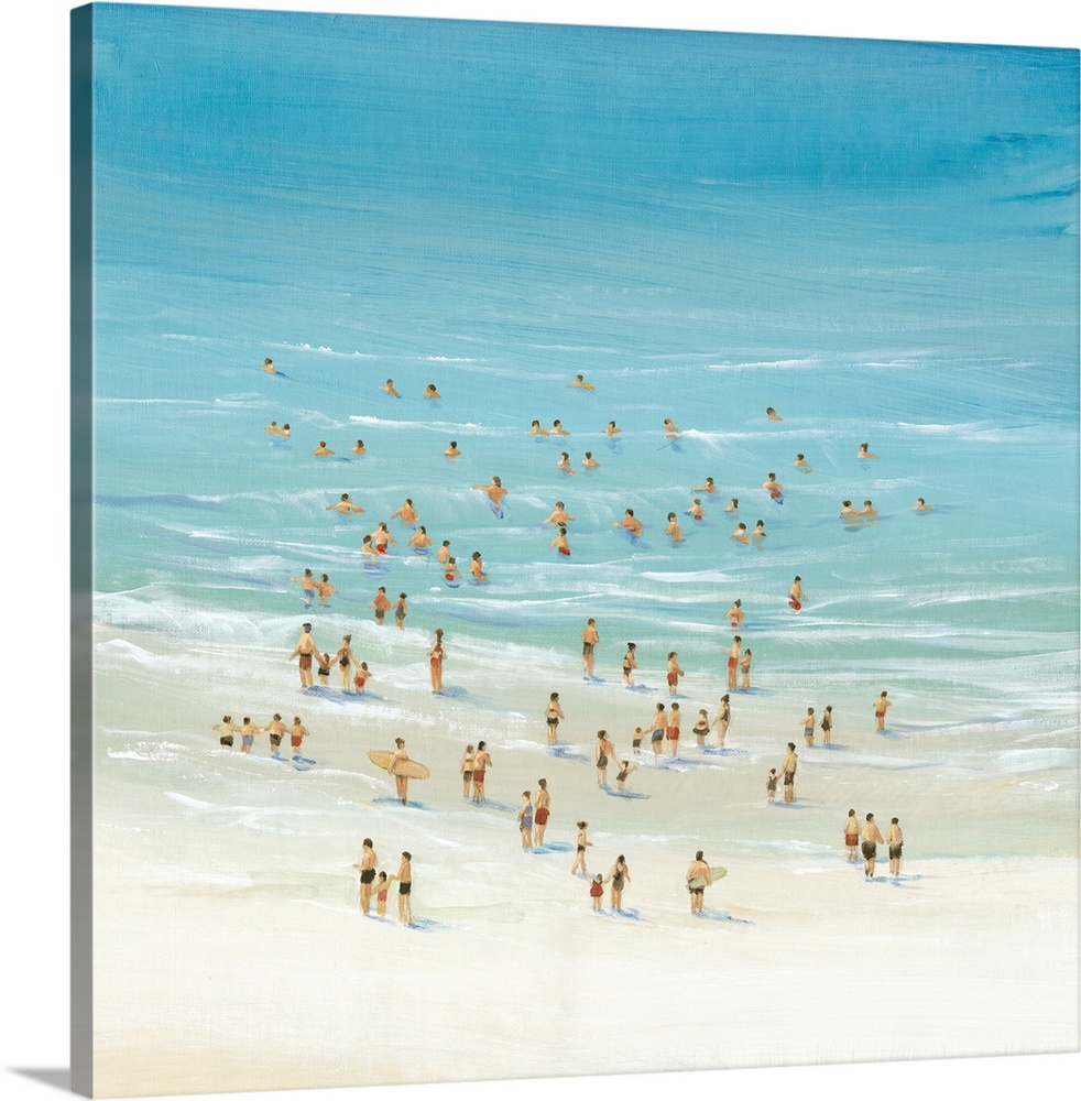 Painting of an aerial view of several beachgoers playing in the ocean.