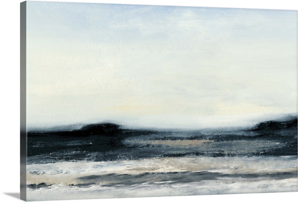 Abstract seascape painting with dark water under a pale sky.